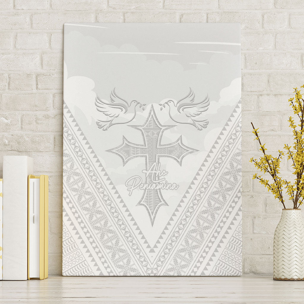 Peniamina Gospel Day Niue Canvas Wall Art Cross Dove Hiapo Pattern White LT14 Without Frame White - Polynesian Pride