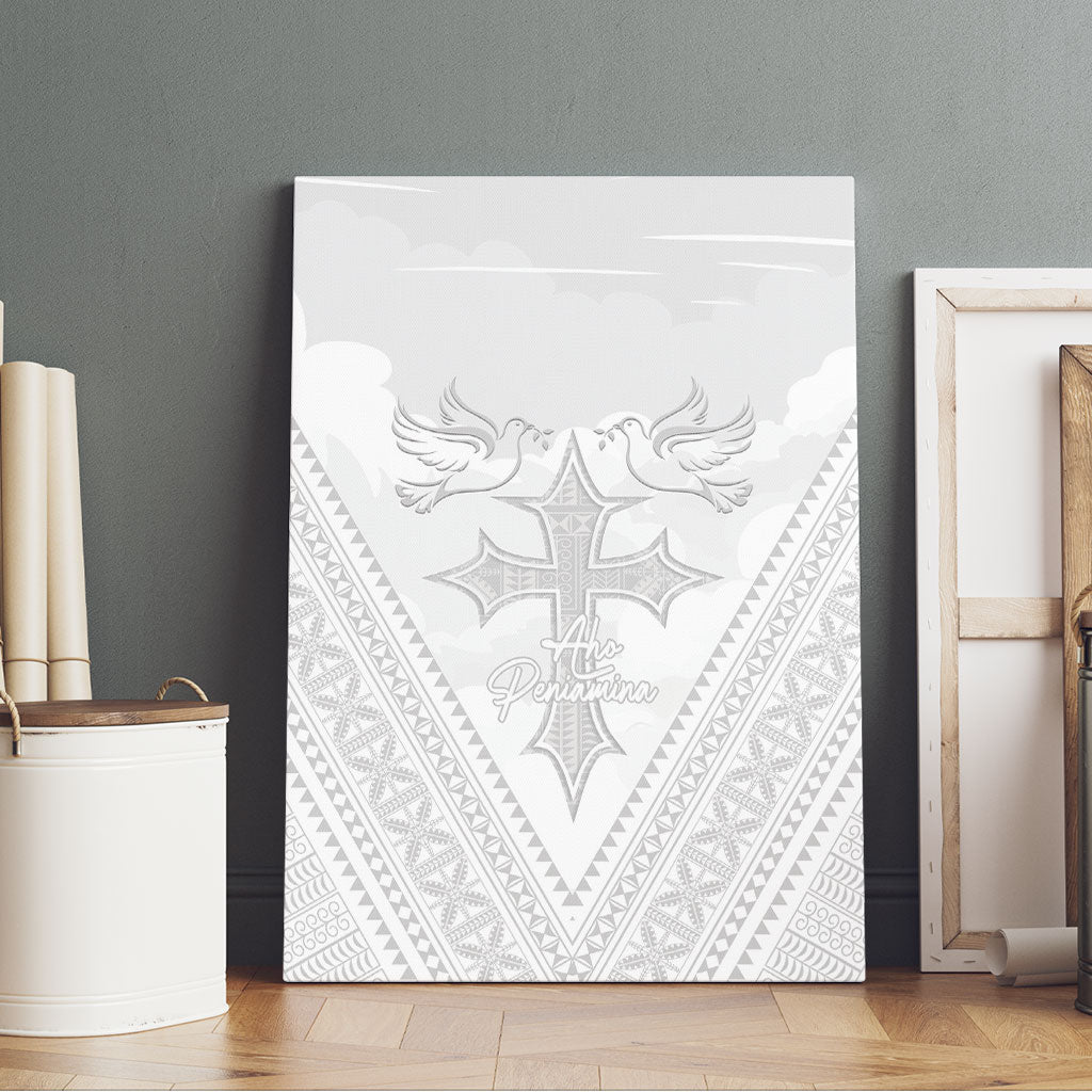 Peniamina Gospel Day Niue Canvas Wall Art Cross Dove Hiapo Pattern White LT14 - Polynesian Pride