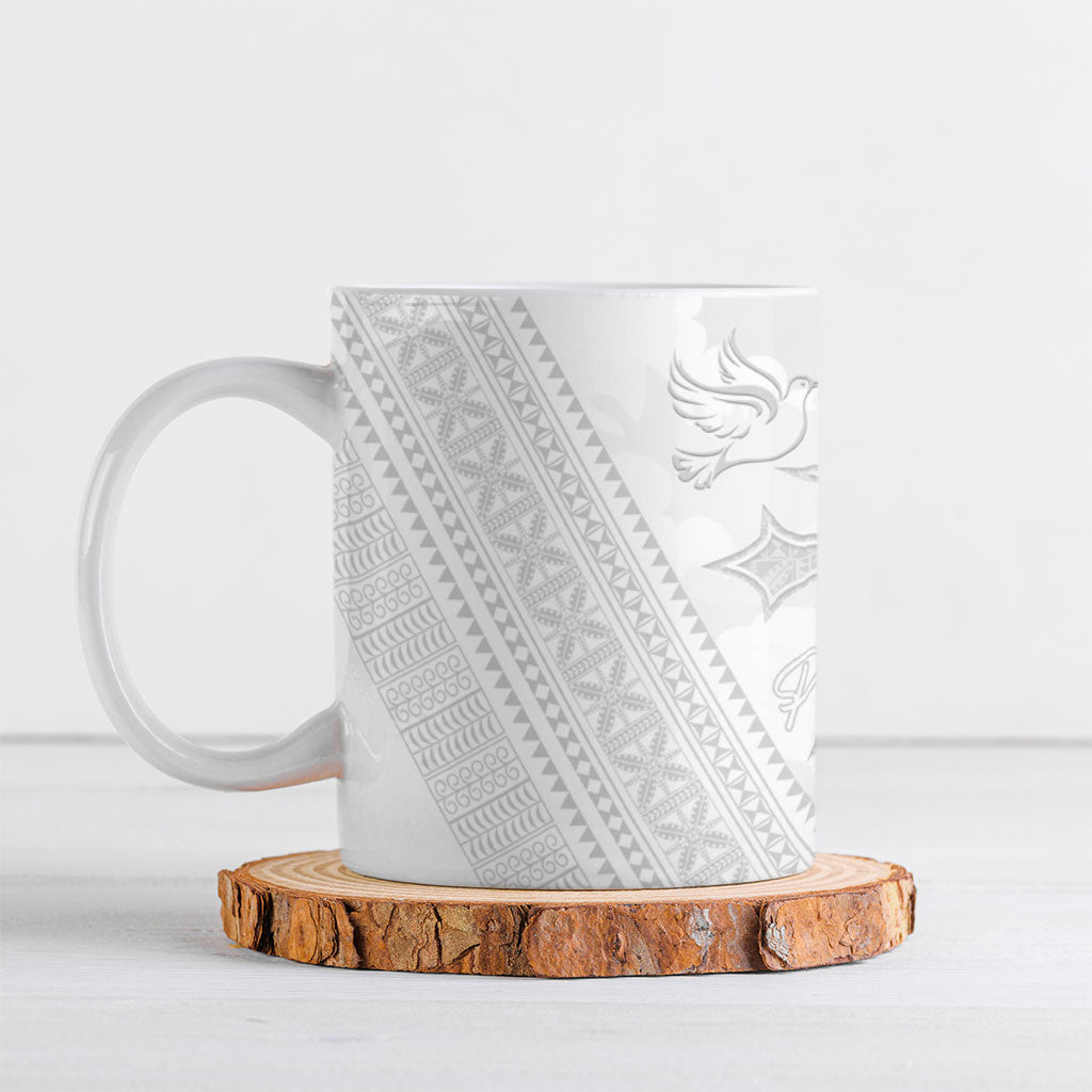 Peniamina Gospel Day Niue Ceramic Mug Cross Dove Hiapo Pattern White LT14 White - Polynesian Pride