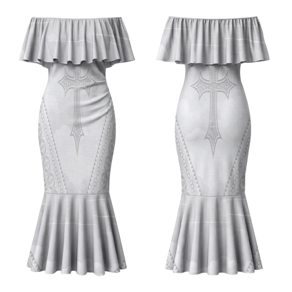 Peniamina Gospel Day Niue Couples Matching Mermaid Dress and Hawaiian Shirt Cross Dove Hiapo Pattern White LT14 - Polynesian Pride