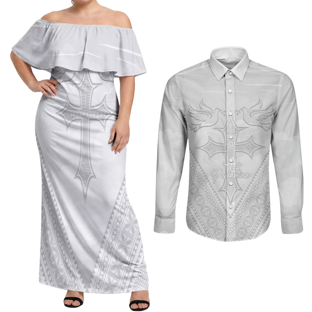 Peniamina Gospel Day Niue Couples Matching Off Shoulder Maxi Dress and Long Sleeve Button Shirt Cross Dove Hiapo Pattern White LT14 White - Polynesian Pride