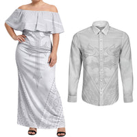 Peniamina Gospel Day Niue Couples Matching Off Shoulder Maxi Dress and Long Sleeve Button Shirt Cross Dove Hiapo Pattern White LT14 White - Polynesian Pride