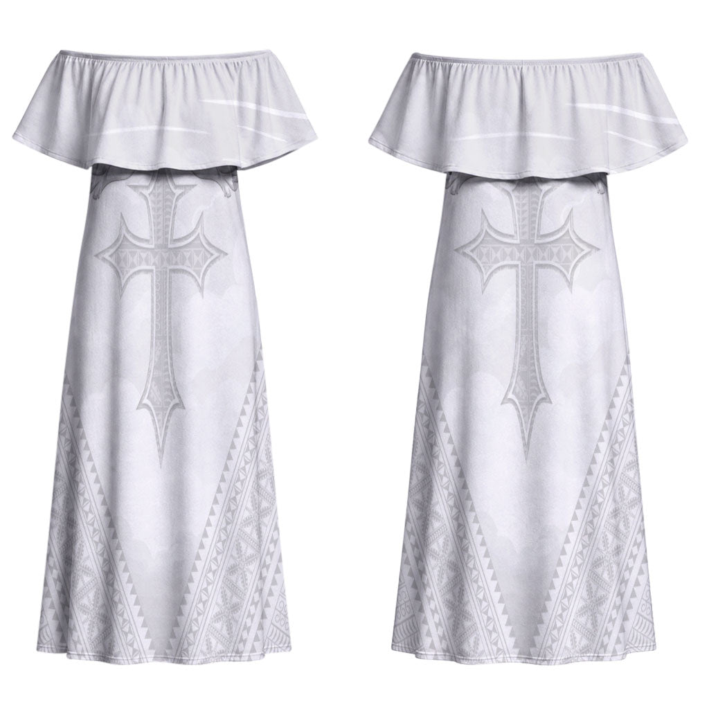 Peniamina Gospel Day Niue Couples Matching Off Shoulder Maxi Dress and Long Sleeve Button Shirt Cross Dove Hiapo Pattern White LT14 - Polynesian Pride