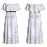 Peniamina Gospel Day Niue Couples Matching Off Shoulder Maxi Dress and Long Sleeve Button Shirt Cross Dove Hiapo Pattern White LT14 - Polynesian Pride