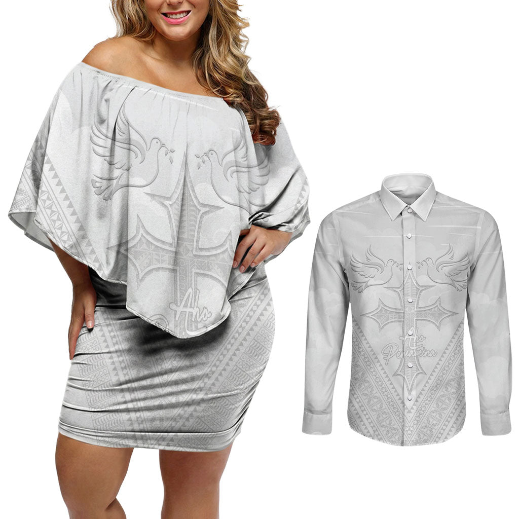 Peniamina Gospel Day Niue Couples Matching Off Shoulder Short Dress and Long Sleeve Button Shirt Cross Dove Hiapo Pattern White