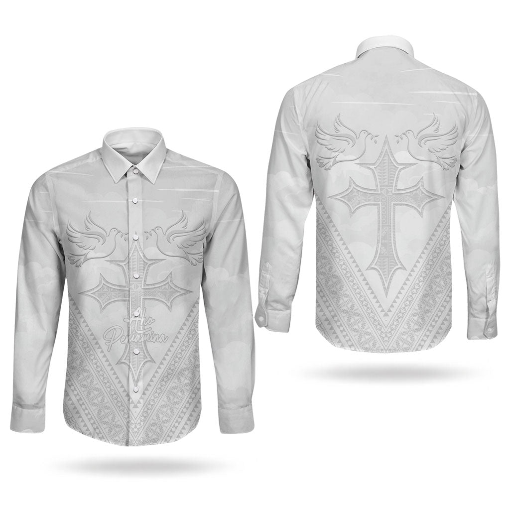 Peniamina Gospel Day Niue Couples Matching Off Shoulder Short Dress and Long Sleeve Button Shirt Cross Dove Hiapo Pattern White