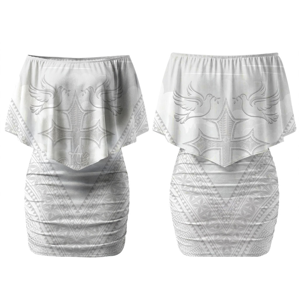 Peniamina Gospel Day Niue Couples Matching Off Shoulder Short Dress and Long Sleeve Button Shirt Cross Dove Hiapo Pattern White