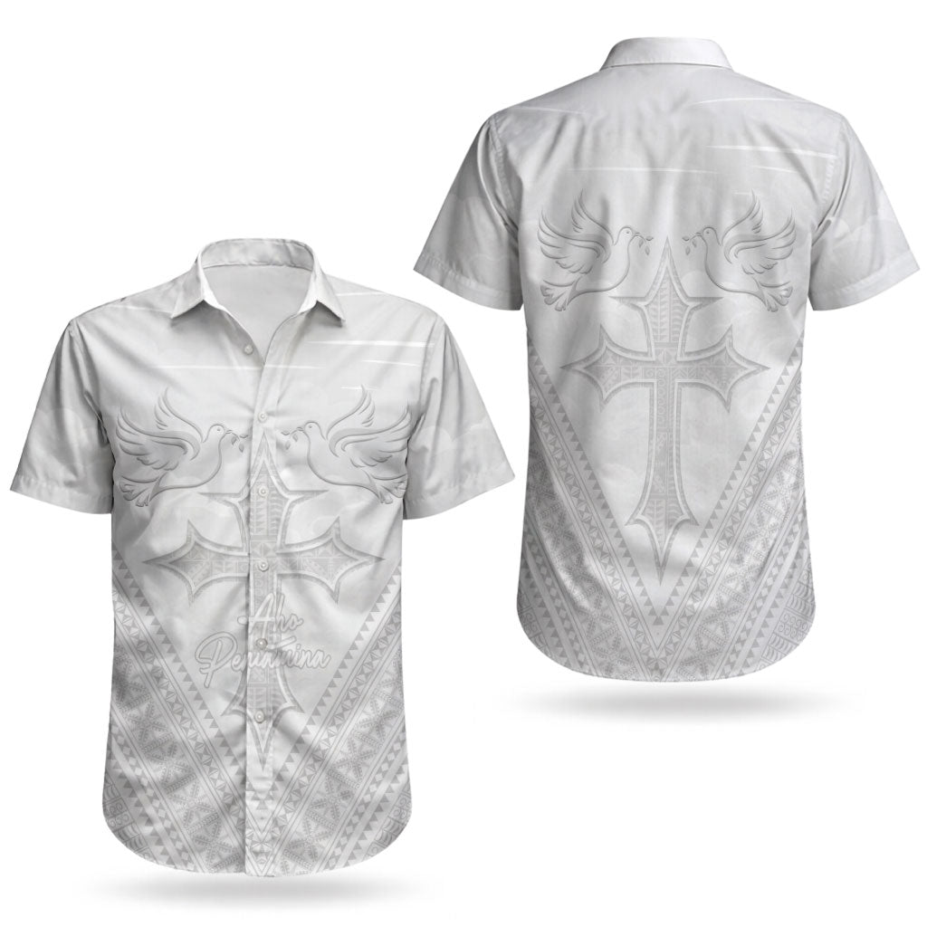 Peniamina Gospel Day Niue Couples Matching Tank Maxi Dress and Hawaiian Shirt Cross Dove Hiapo Pattern White LT14 - Polynesian Pride