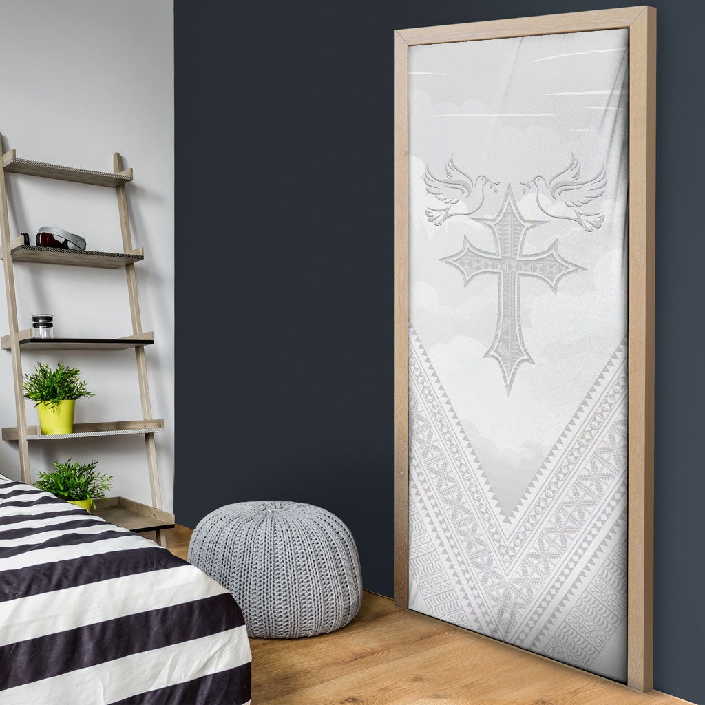 Peniamina Gospel Day Niue Door Cover Cross Dove Hiapo Pattern White LT14 - Polynesian Pride
