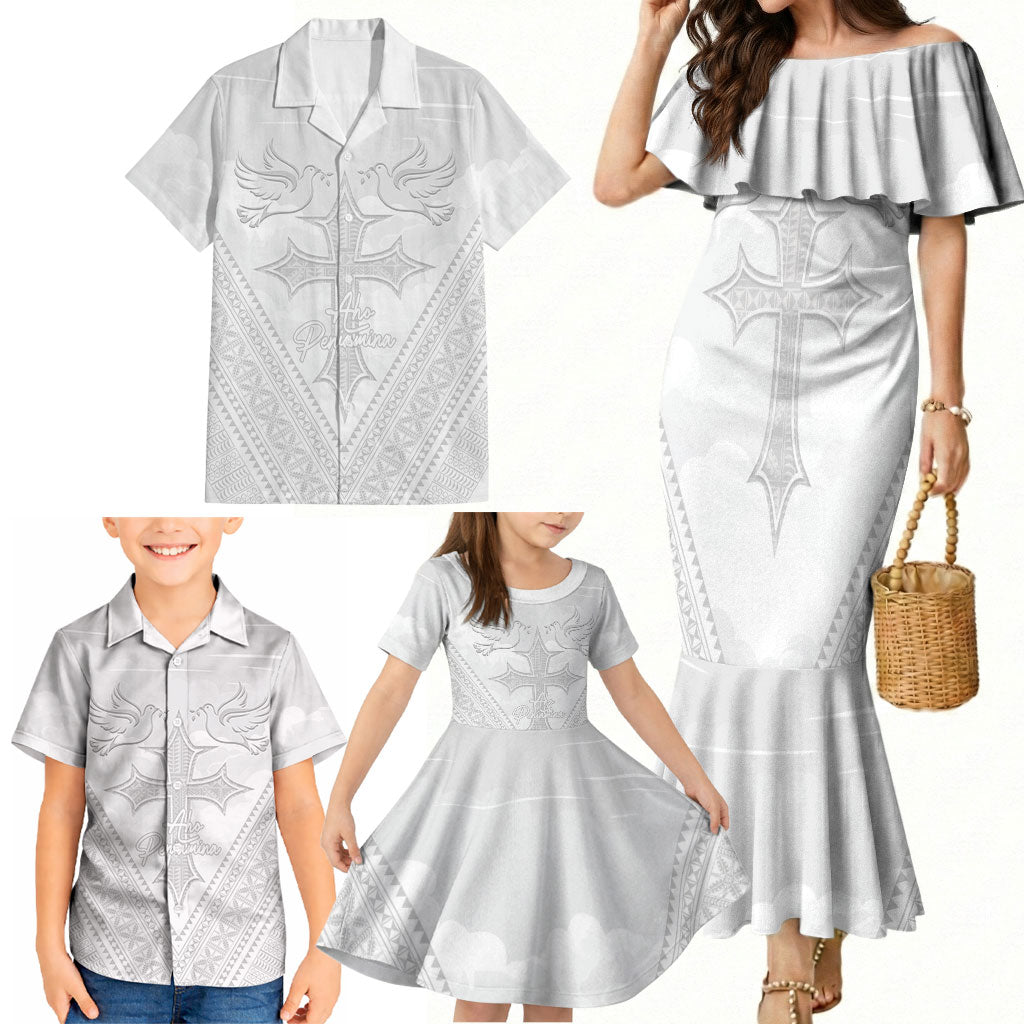 Peniamina Gospel Day Niue Family Matching Mermaid Dress and Hawaiian Shirt Cross Dove Hiapo Pattern White LT14 - Polynesian Pride