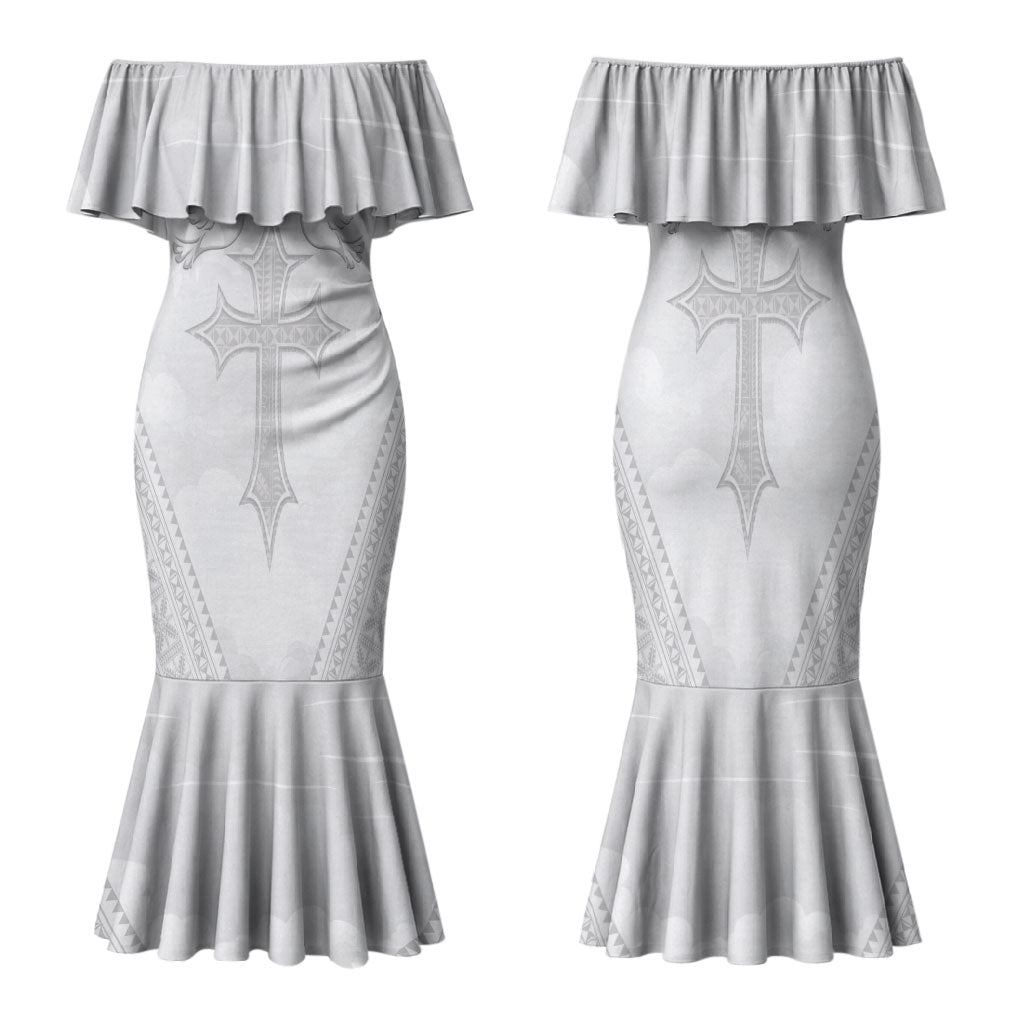Peniamina Gospel Day Niue Family Matching Mermaid Dress and Hawaiian Shirt Cross Dove Hiapo Pattern White LT14 Mom's Dress White - Polynesian Pride