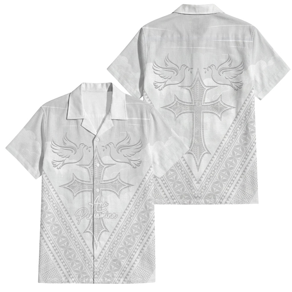 Peniamina Gospel Day Niue Family Matching Mermaid Dress and Hawaiian Shirt Cross Dove Hiapo Pattern White LT14 Dad's Shirt - Short Sleeve White - Polynesian Pride