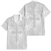 Peniamina Gospel Day Niue Family Matching Mermaid Dress and Hawaiian Shirt Cross Dove Hiapo Pattern White LT14 Dad's Shirt - Short Sleeve White - Polynesian Pride