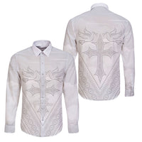 Peniamina Gospel Day Niue Family Matching Mermaid Dress and Hawaiian Shirt Cross Dove Hiapo Pattern White LT14 Dad's Shirt - Long Sleeve White - Polynesian Pride