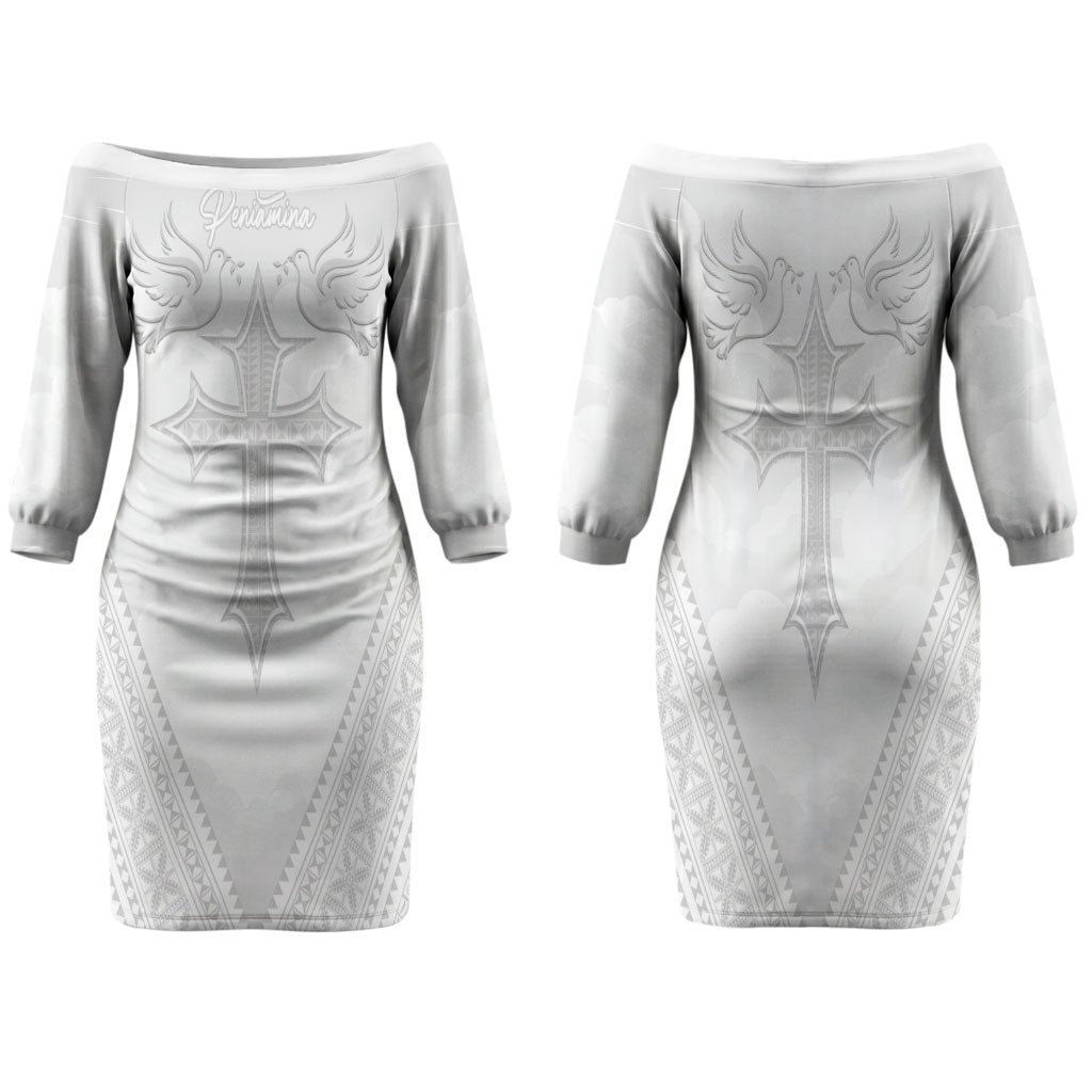 Peniamina Gospel Day Niue Family Matching Off The Shoulder Long Sleeve Dress and Hawaiian Shirt Cross Dove Hiapo Pattern White LT14 Mom's Dress White - Polynesian Pride