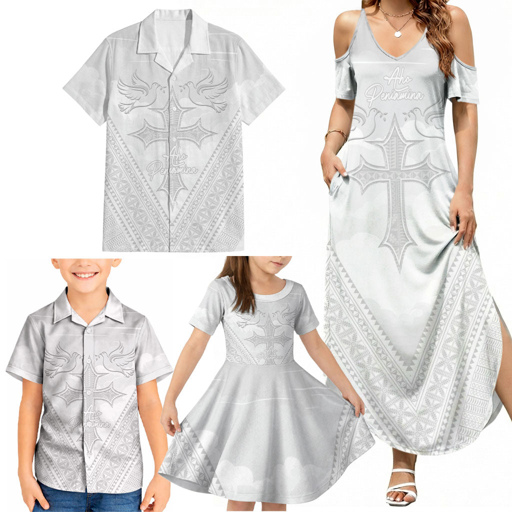 Peniamina Gospel Day Niue Family Matching Summer Maxi Dress and Hawaiian Shirt Cross Dove Hiapo Pattern White LT14 - Polynesian Pride