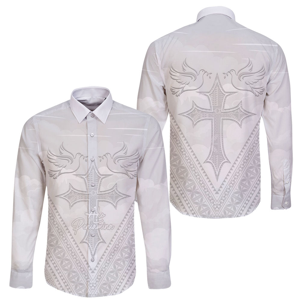 Peniamina Gospel Day Niue Family Matching Tank Maxi Dress and Hawaiian Shirt Cross Dove Hiapo Pattern White LT14 Dad's Shirt - Long Sleeve White - Polynesian Pride