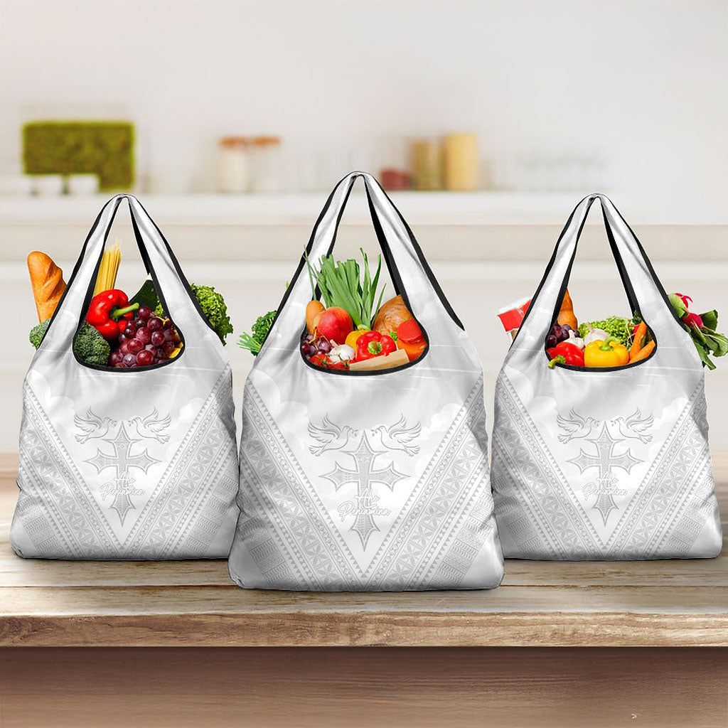 Peniamina Gospel Day Niue Grocery Bag Cross Dove Hiapo Pattern White LT14 3-pack One Size White - Polynesian Pride