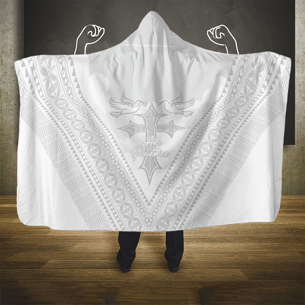 Peniamina Gospel Day Niue Hooded Blanket Cross Dove Hiapo Pattern White LT14 - Polynesian Pride