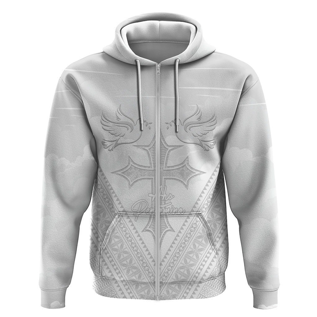 Peniamina Gospel Day Niue Hoodie Cross Dove Hiapo Pattern White LT14 Zip Hoodie White - Polynesian Pride