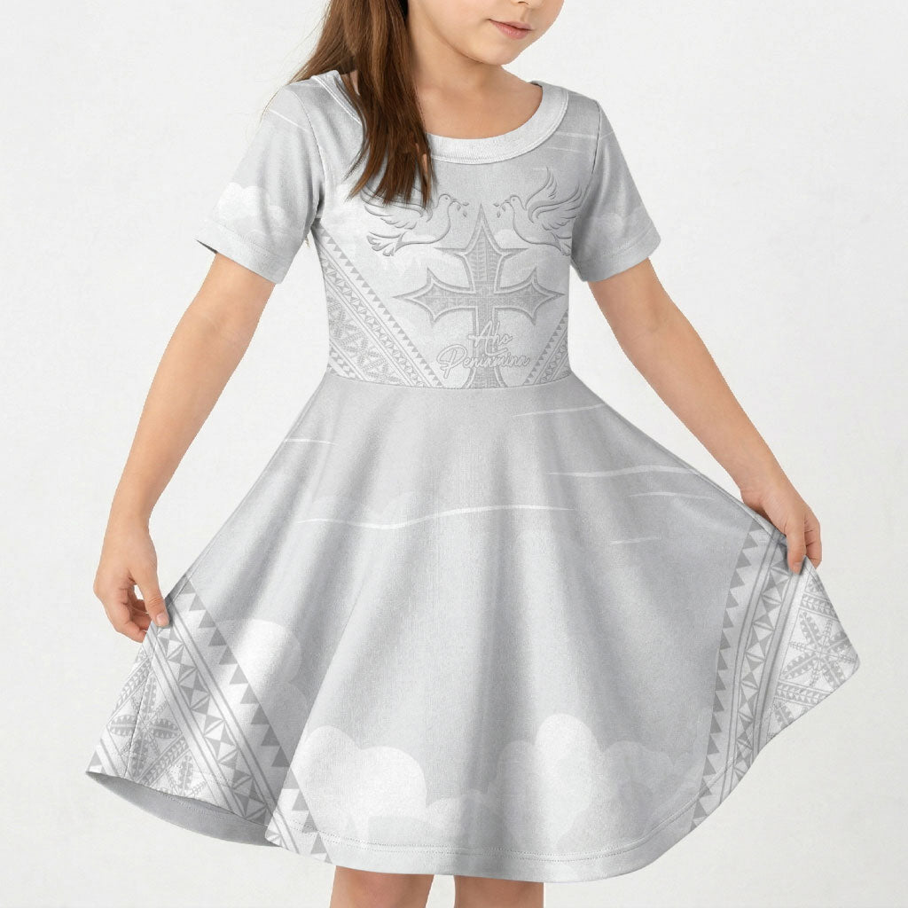 Peniamina Gospel Day Niue Kid Short Sleeve Dress Cross Dove Hiapo Pattern White LT14 KID White - Polynesian Pride