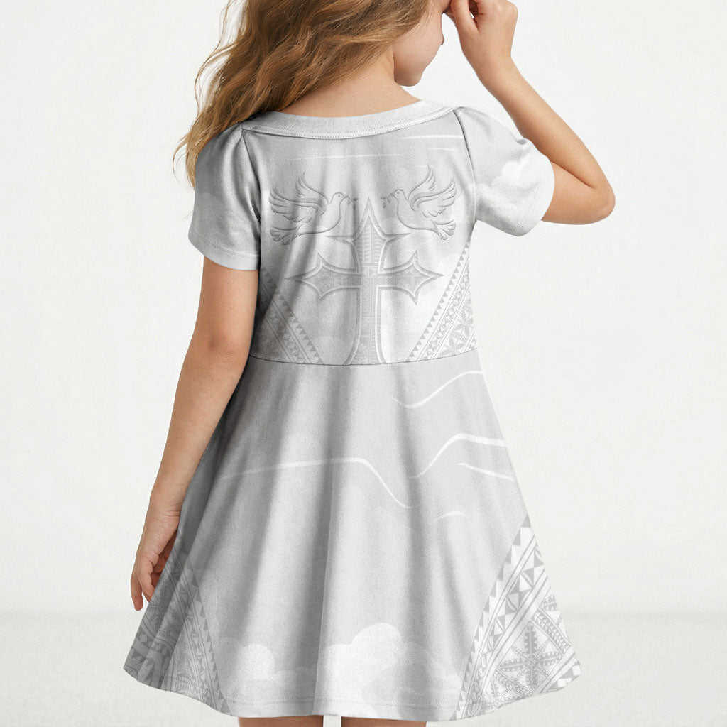 Peniamina Gospel Day Niue Kid Short Sleeve Dress Cross Dove Hiapo Pattern White LT14 - Polynesian Pride
