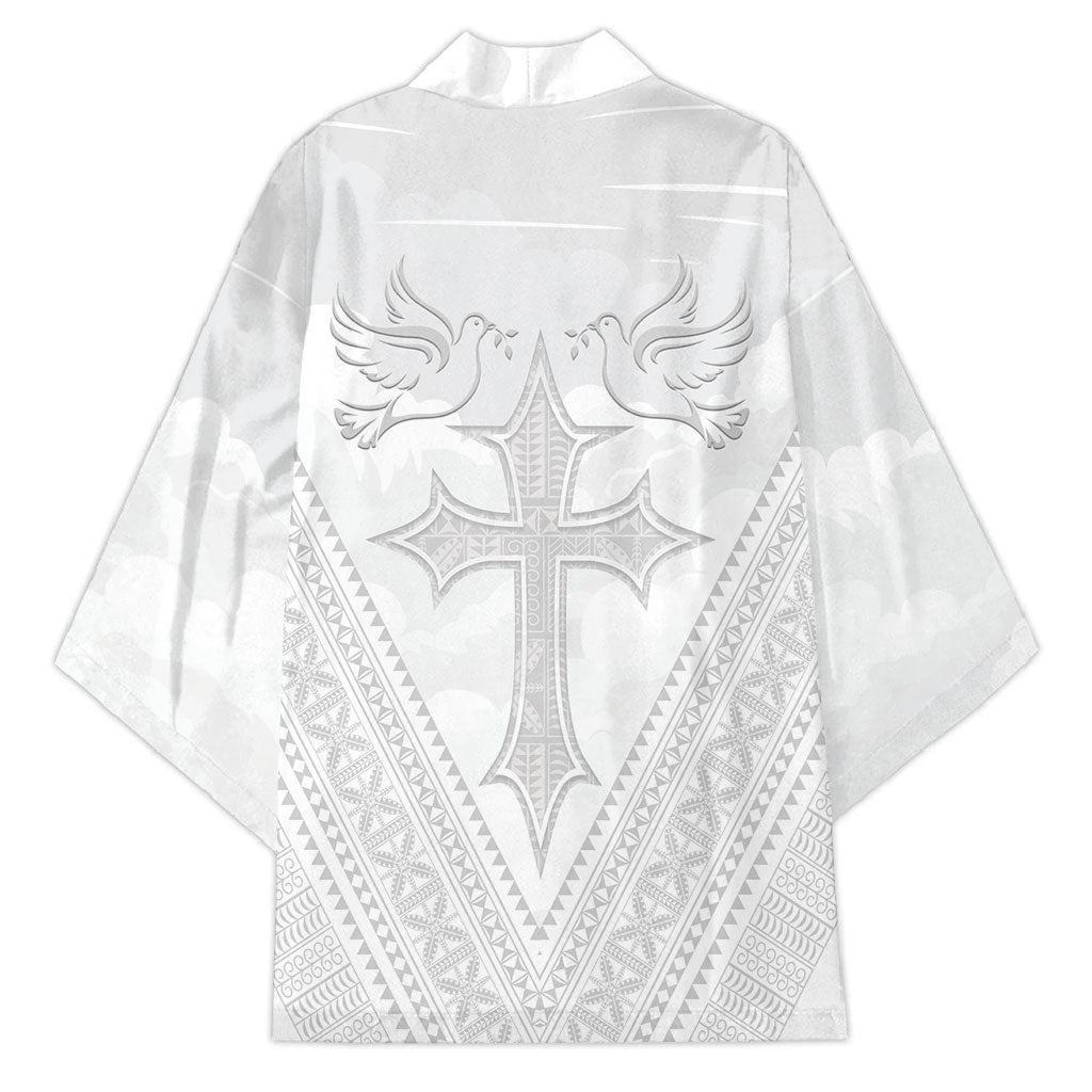 Peniamina Gospel Day Niue Kimono Cross Dove Hiapo Pattern White LT14 - Polynesian Pride