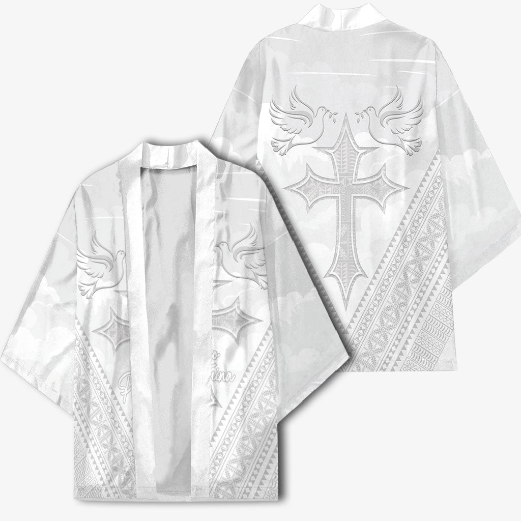 Peniamina Gospel Day Niue Kimono Cross Dove Hiapo Pattern White LT14 - Polynesian Pride