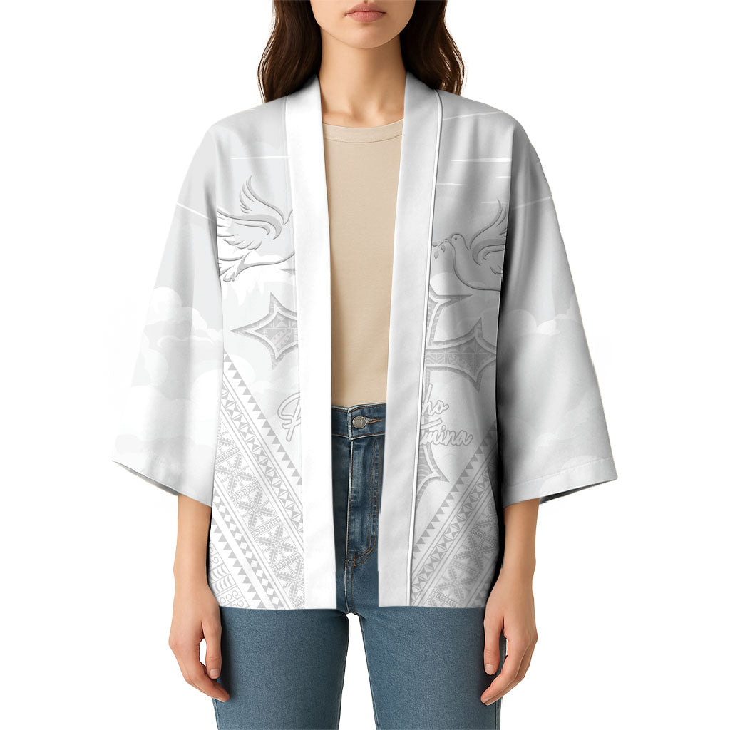 Peniamina Gospel Day Niue Kimono Cross Dove Hiapo Pattern White LT14 - Polynesian Pride