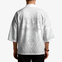 Peniamina Gospel Day Niue Kimono Cross Dove Hiapo Pattern White LT14 - Polynesian Pride