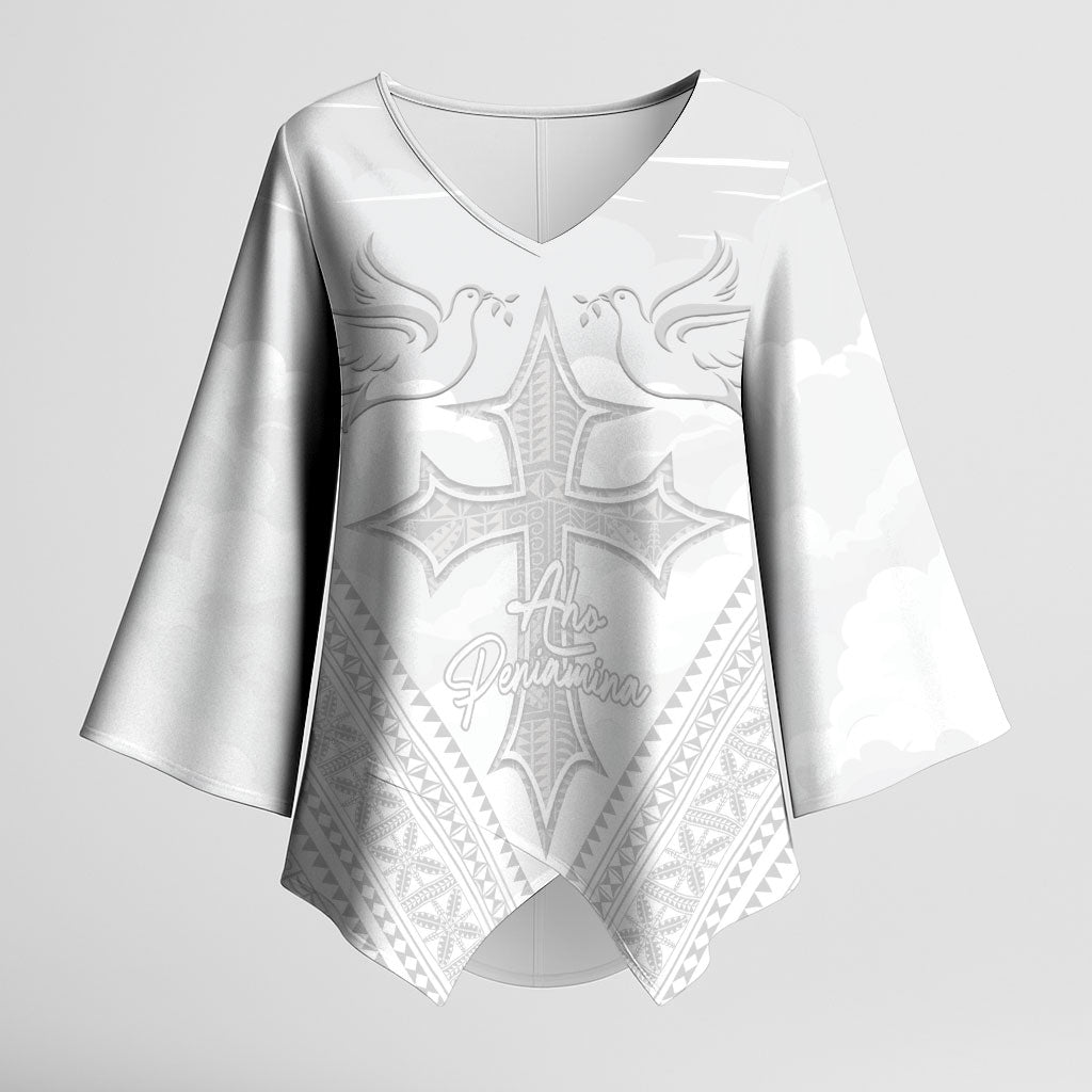 Peniamina Gospel Day Niue Kimono Sleeve Blouse Cross Dove Hiapo Pattern White LT14 Female White - Polynesian Pride