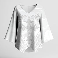 Peniamina Gospel Day Niue Kimono Sleeve Blouse Cross Dove Hiapo Pattern White LT14 Female White - Polynesian Pride