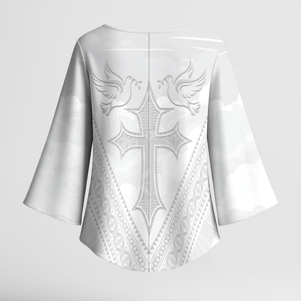 Peniamina Gospel Day Niue Kimono Sleeve Blouse Cross Dove Hiapo Pattern White LT14 - Polynesian Pride
