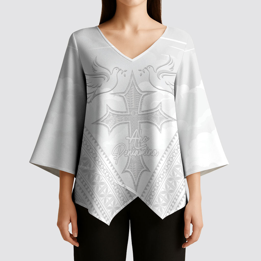 Peniamina Gospel Day Niue Kimono Sleeve Blouse Cross Dove Hiapo Pattern White LT14 - Polynesian Pride