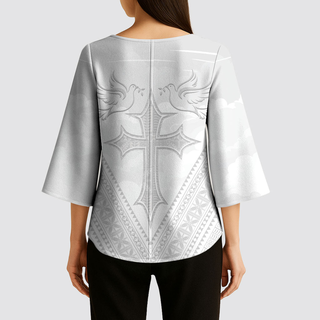 Peniamina Gospel Day Niue Kimono Sleeve Blouse Cross Dove Hiapo Pattern White LT14 - Polynesian Pride