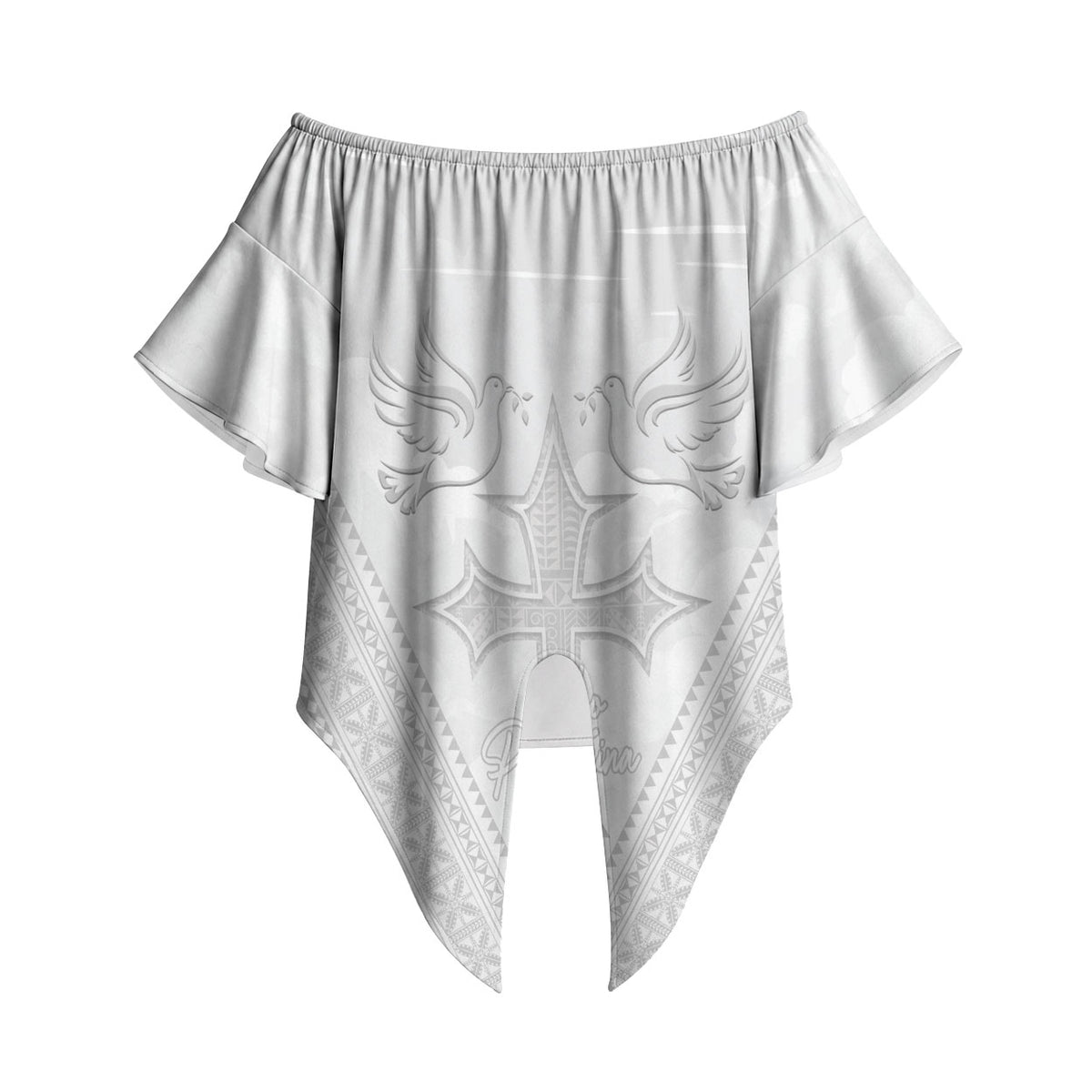 Peniamina Gospel Day Niue Off Shoulder Wrap Waist Top Cross Dove Hiapo Pattern White