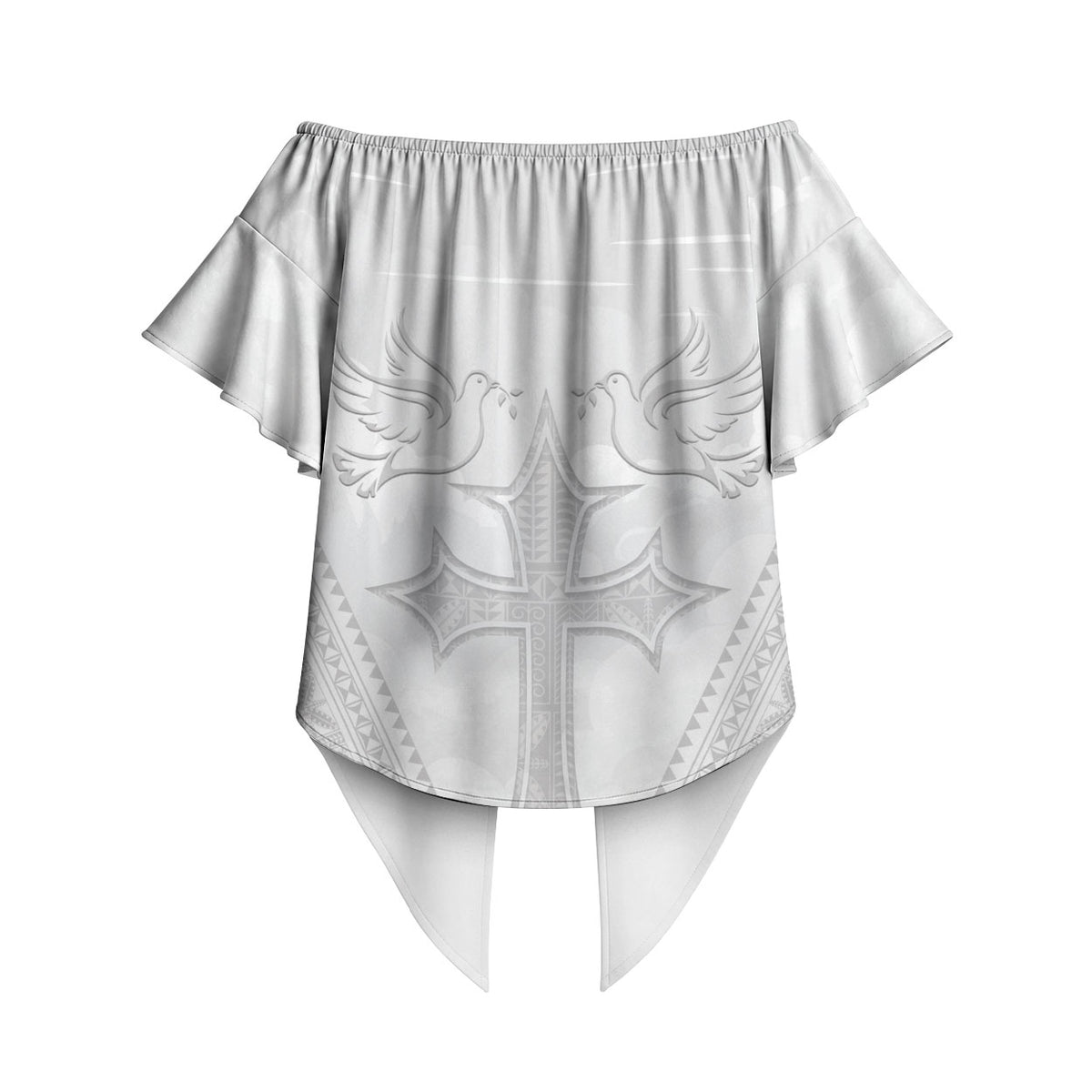 Peniamina Gospel Day Niue Off Shoulder Wrap Waist Top Cross Dove Hiapo Pattern White