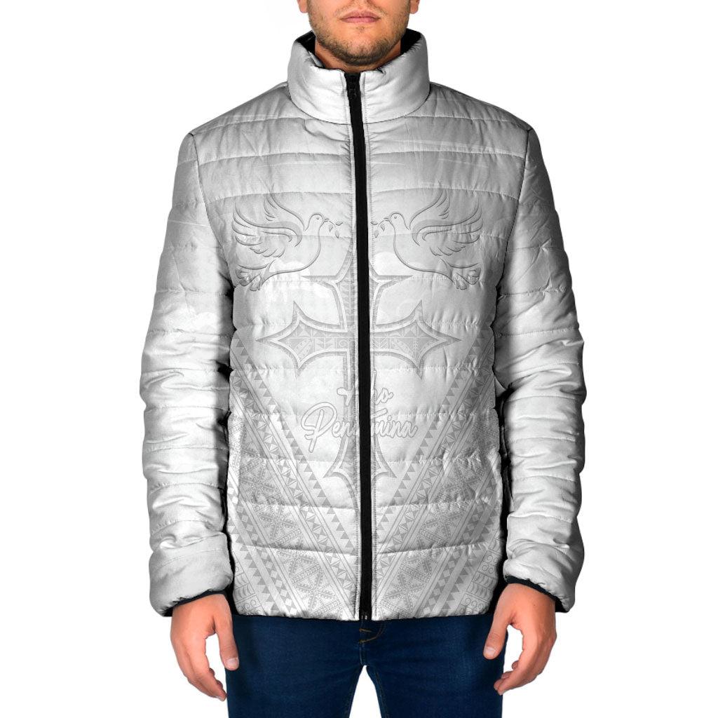 Peniamina Gospel Day Niue Padded Jacket Cross Dove Hiapo Pattern White