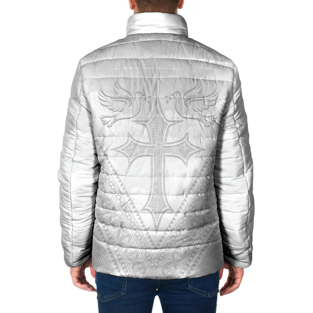Peniamina Gospel Day Niue Padded Jacket Cross Dove Hiapo Pattern White
