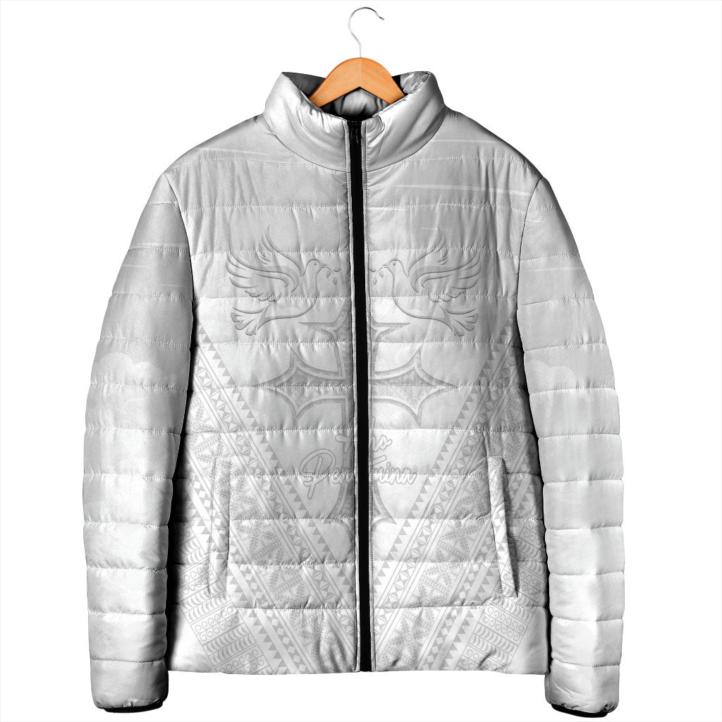 Peniamina Gospel Day Niue Padded Jacket Cross Dove Hiapo Pattern White