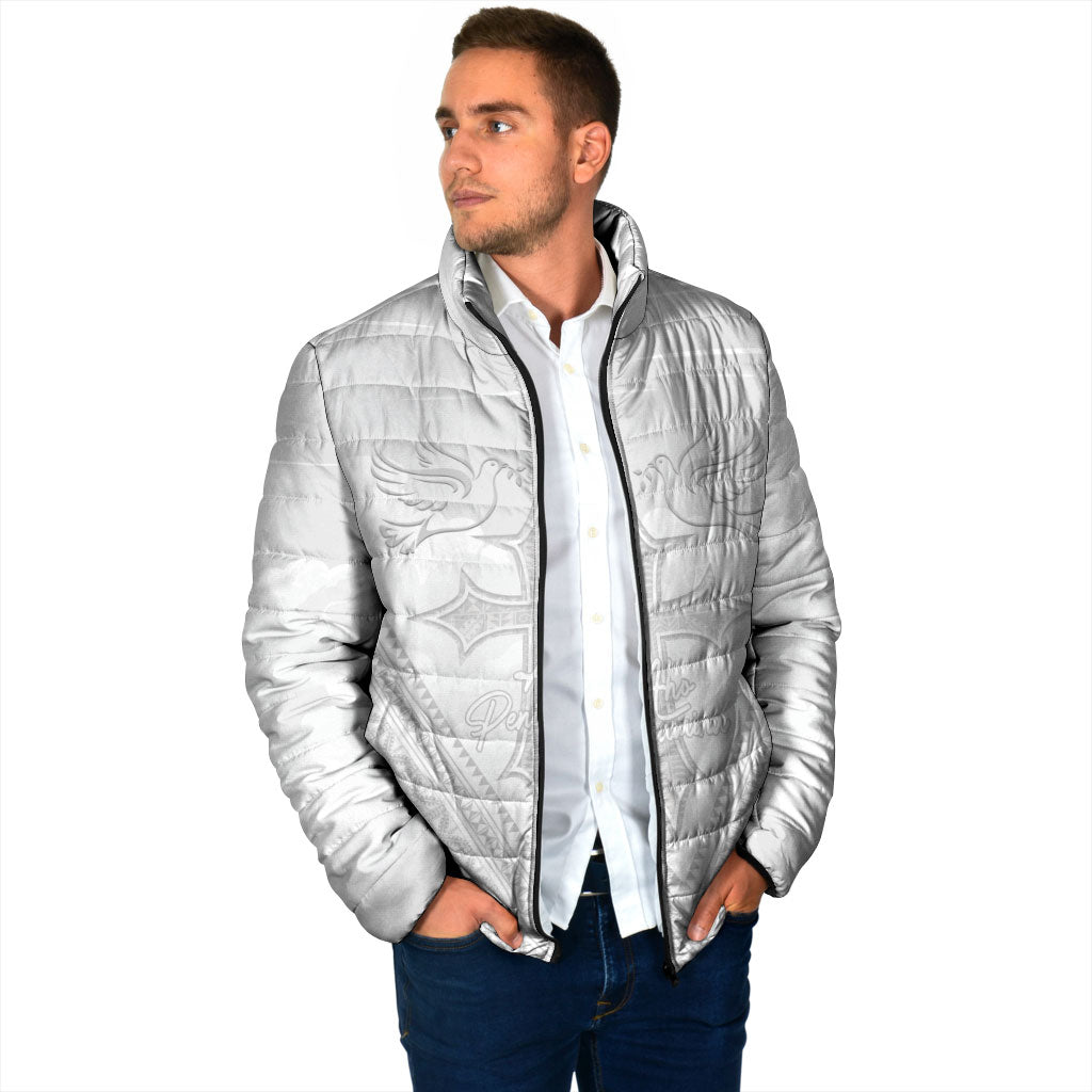 Peniamina Gospel Day Niue Padded Jacket Cross Dove Hiapo Pattern White