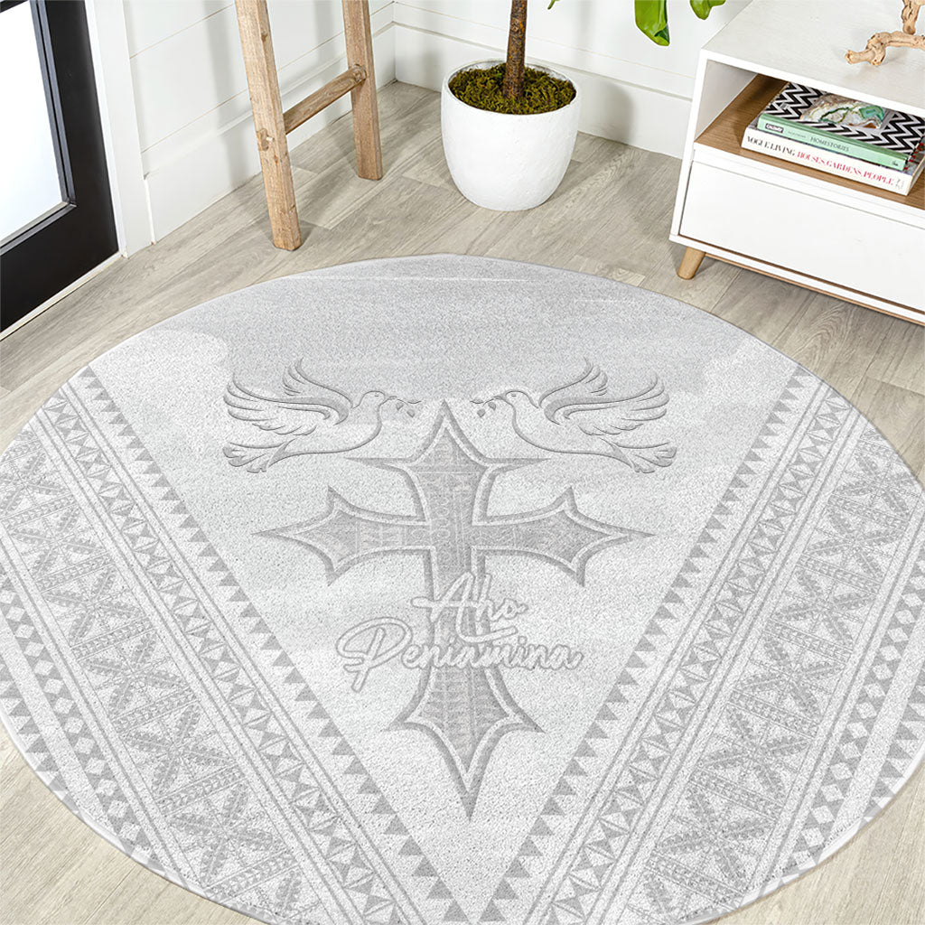 Peniamina Gospel Day Niue Round Carpet Cross Dove Hiapo Pattern White LT14 White - Polynesian Pride