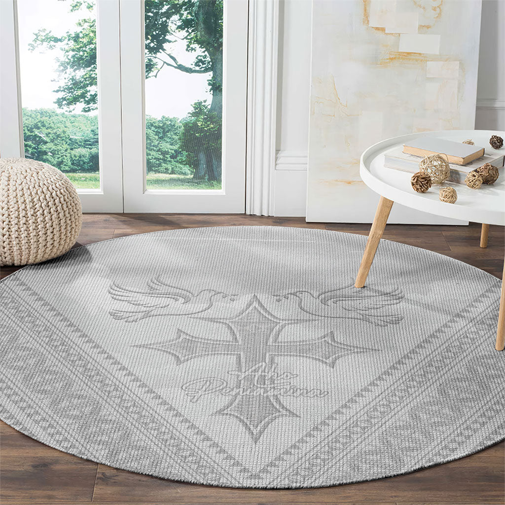 Peniamina Gospel Day Niue Round Carpet Cross Dove Hiapo Pattern White LT14 - Polynesian Pride