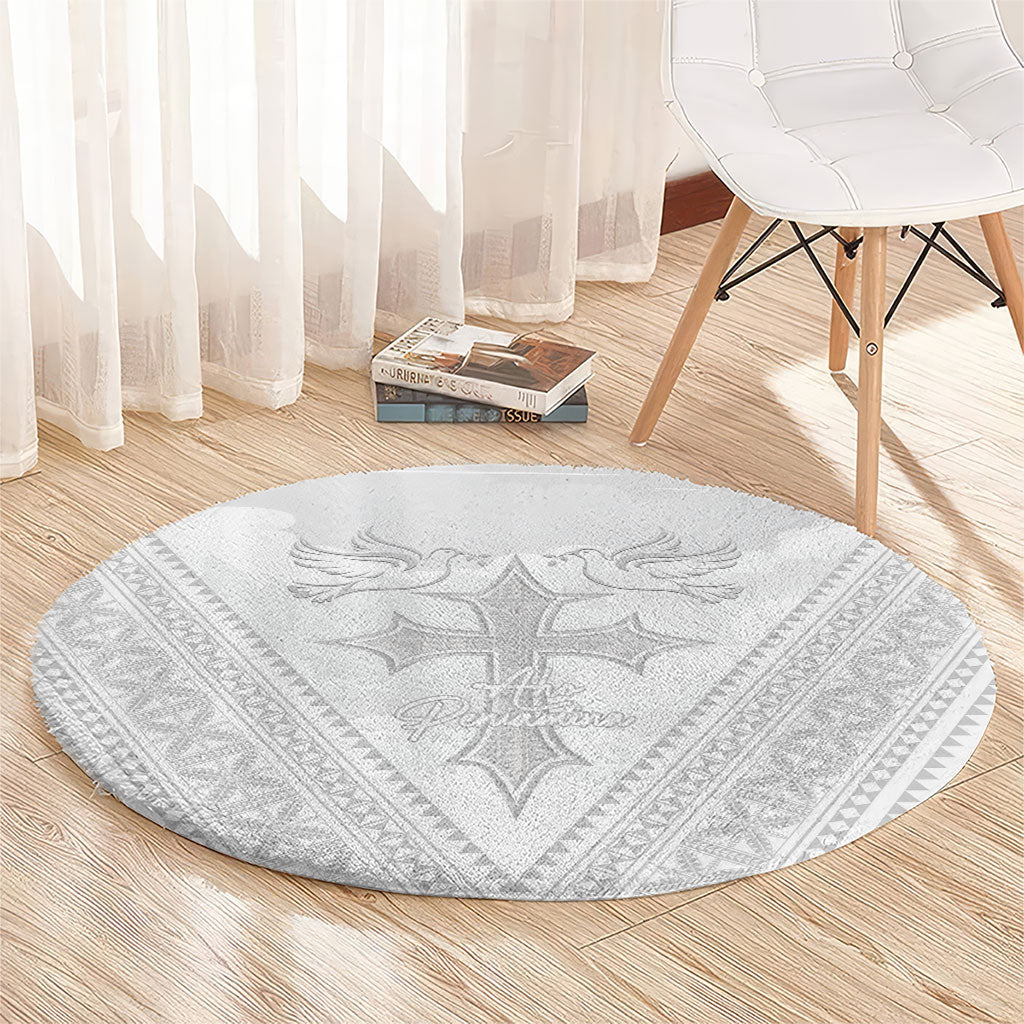 Peniamina Gospel Day Niue Round Carpet Cross Dove Hiapo Pattern White LT14 - Polynesian Pride