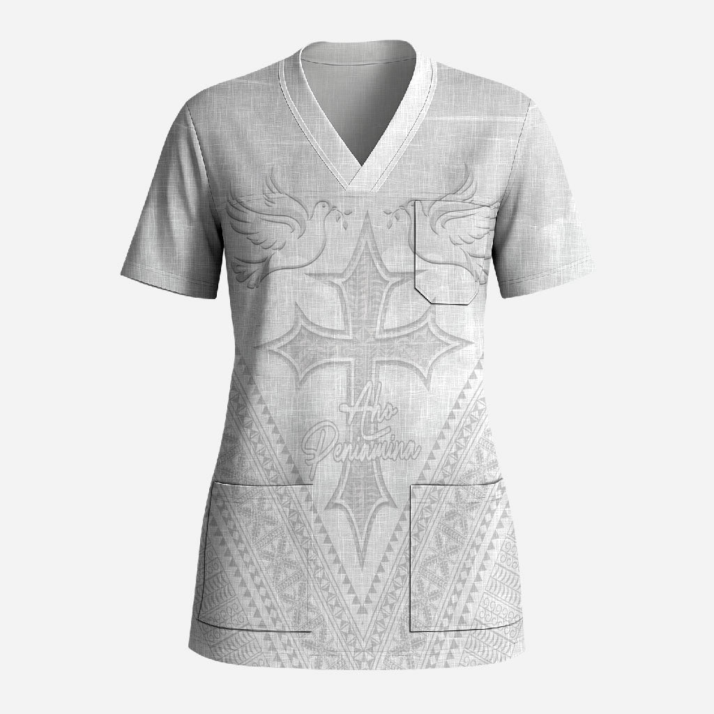 Peniamina Gospel Day Niue Scrub Top Cross Dove Hiapo Pattern White LT14 Adult White - Polynesian Pride
