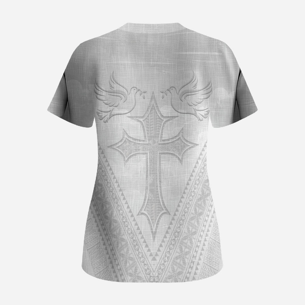 Peniamina Gospel Day Niue Scrub Top Cross Dove Hiapo Pattern White LT14 - Polynesian Pride