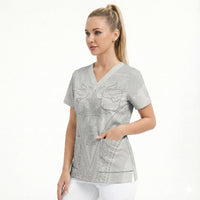 Peniamina Gospel Day Niue Scrub Top Cross Dove Hiapo Pattern White LT14 - Polynesian Pride