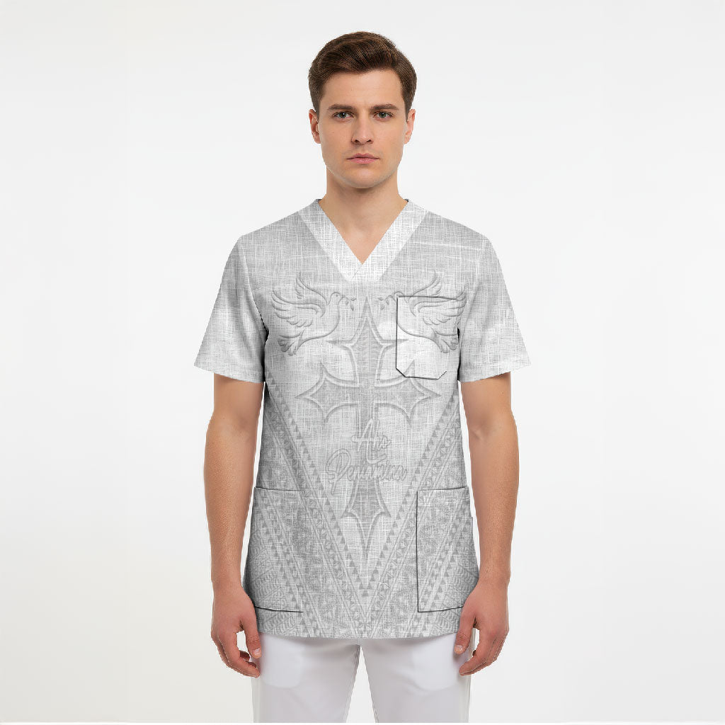 Peniamina Gospel Day Niue Scrub Top Cross Dove Hiapo Pattern White LT14 - Polynesian Pride