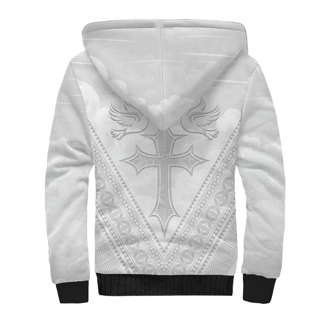 Peniamina Gospel Day Niue Sherpa Hoodie Cross Dove Hiapo Pattern White LT14 - Polynesian Pride