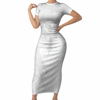 Peniamina Gospel Day Niue Short Sleeve Bodycon Dress Cross Dove Hiapo Pattern White LT14 Long Dress White - Polynesian Pride